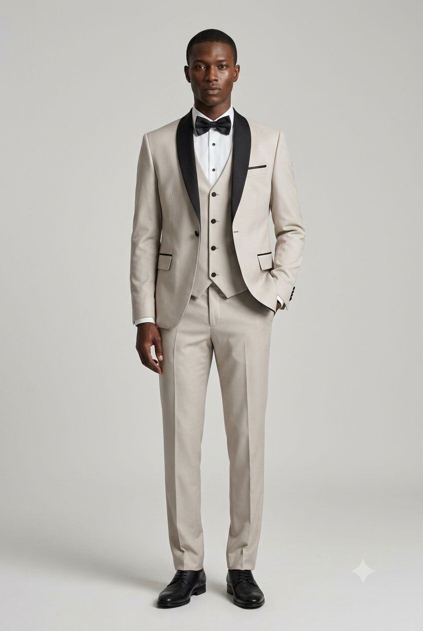 Mayorista MACKTEN - Traje de ceremonia beige de 3 piezas con solapas satinadas en contraste