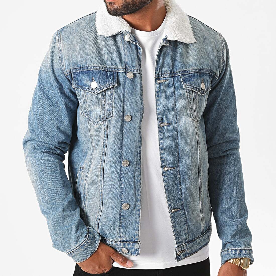 Großhändler MACKTEN - Herren-Jeansjacke mit Sherpa-Futter im Used-Look