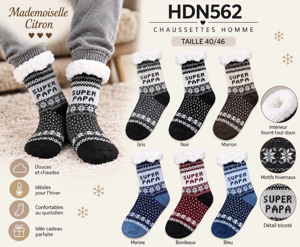 Grossiste MADEMOISELLE CITRON - Chaussettes de Noël hiver à message super papa t40-46 homme