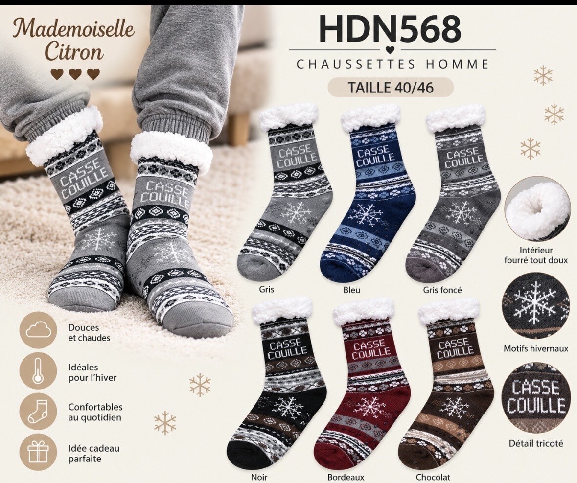 Grossiste MADEMOISELLE CITRON - Chaussettes de Noël hiver à message doublure polaire t40/46 homme