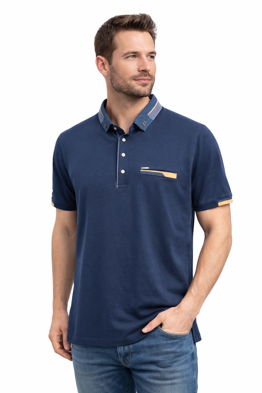 Großhändler MAXWAY - Poloshirt aus Baumwoll-Lycra mit kontrastierendem Tupfen- und Jeanskragen