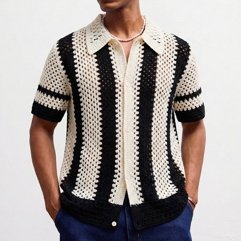 Wholesaler Mentex Homme - Men's short-sleeve crochet shirt with geometric patterns