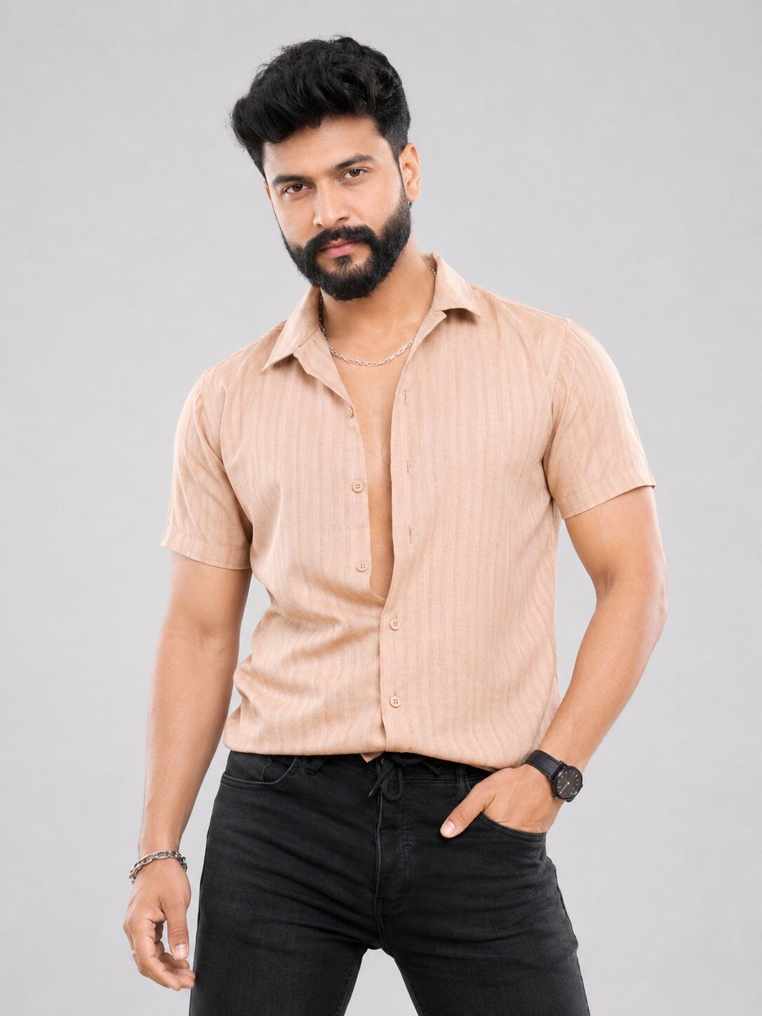 Wholesaler Mentex Homme - Textured Beige Summer Shirt