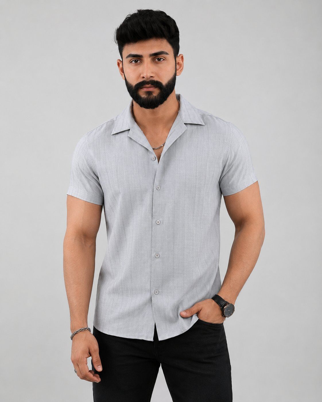 Großhändler Mentex Homme - Graues Sommerhemd mit offenem Kragen