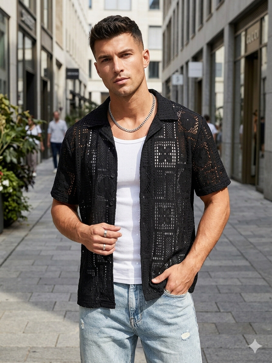 Grossista Mentex Homme - Camicia uomo a maniche corte con motivo geometrico
