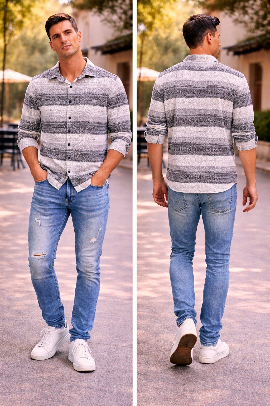 Wholesaler Mentex Homme - Men's Grey Striped Sweater with Polo Collar - Casual Chic