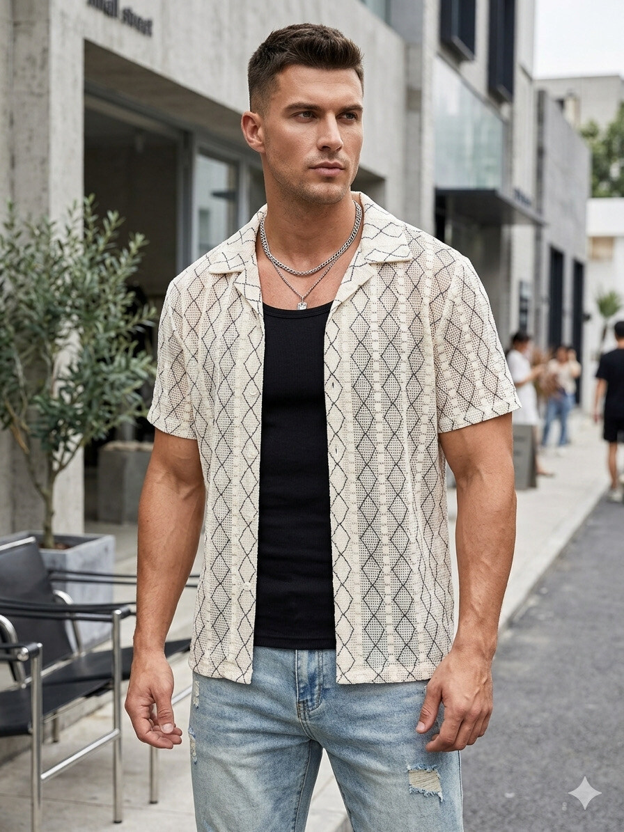 Grossista Mentex Homme - Camicia uomo a maniche corte con motivo geometrico