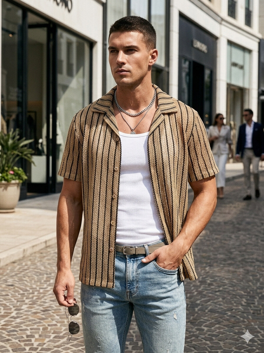 Wholesaler Mentex Homme - Men's textured short-sleeve shirt with stripe pattern