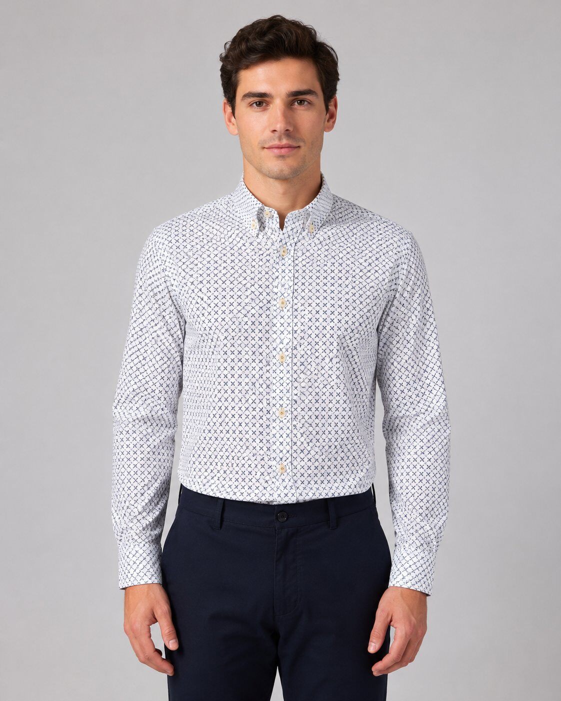 Grossista Mentex Homme - Camicia Bianca con Micro Motivo Geometrico