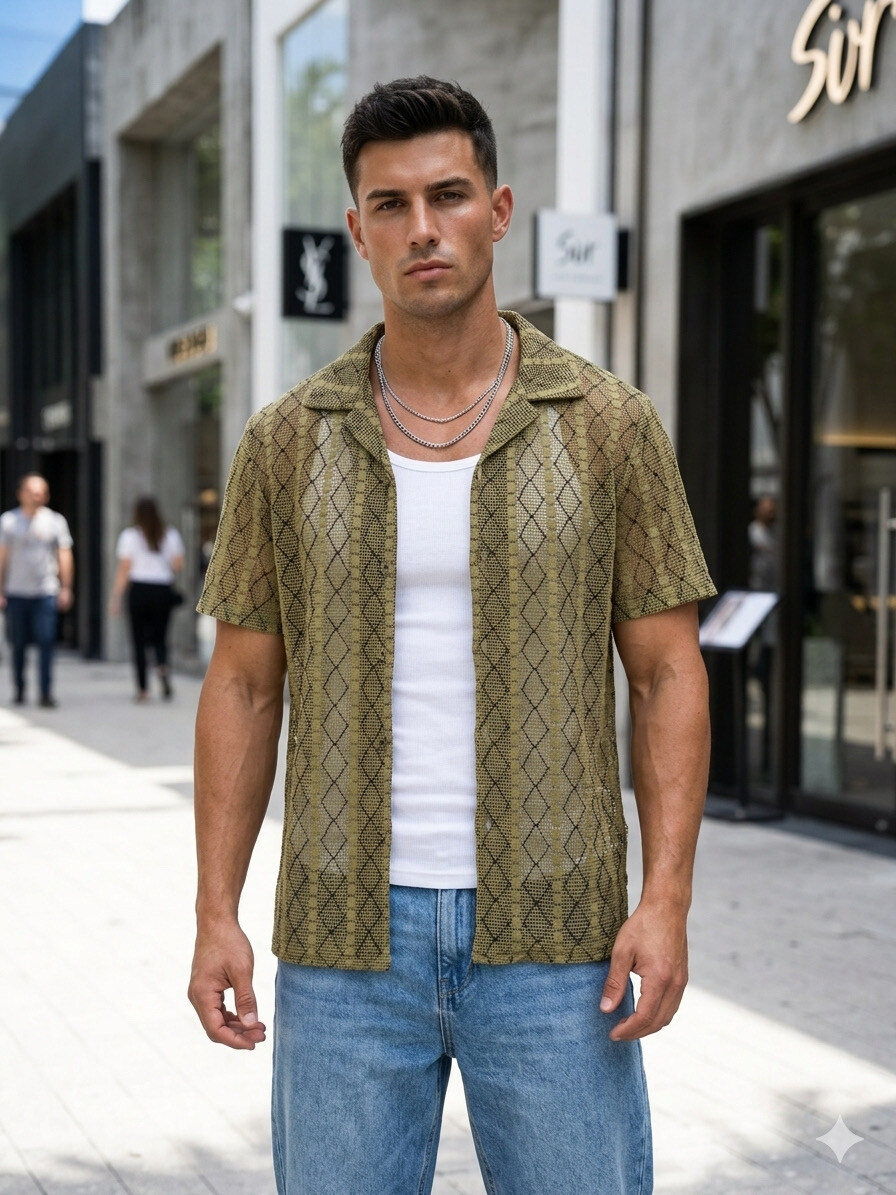 Grossista Mentex Homme - Camicia uomo a maniche corte con motivo geometrico
