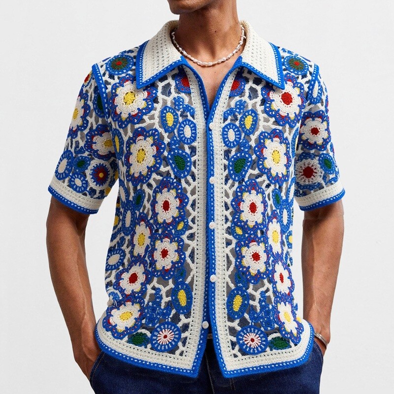 Wholesaler Mentex Homme - Men's crochet short-sleeve shirt with geometric patterns