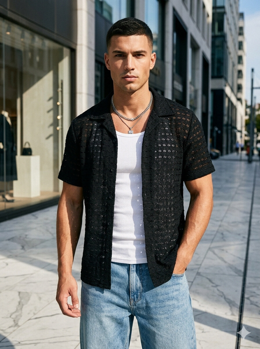 Grossista Mentex Homme - Camicia a maniche corte da uomo con motivo geometrico