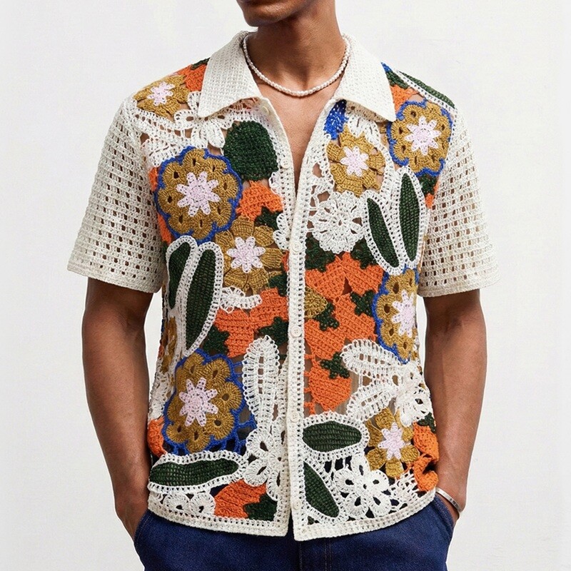 Grossista Mentex Homme - Camicia da uomo a maniche corte in crochet con motivi geometrici