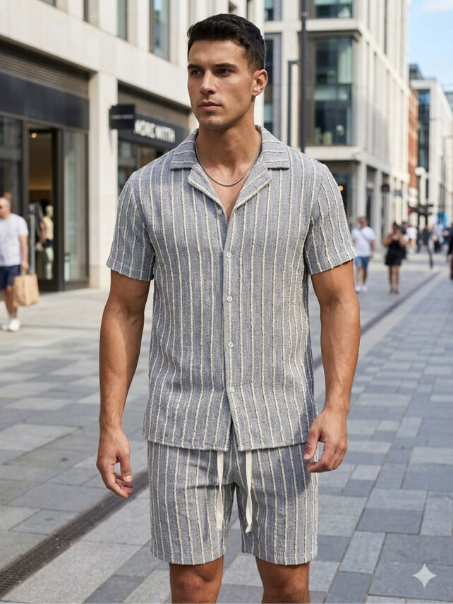 Grossiste Mentex Homme - Ensemble uni homme uni à rayures chemisette et short