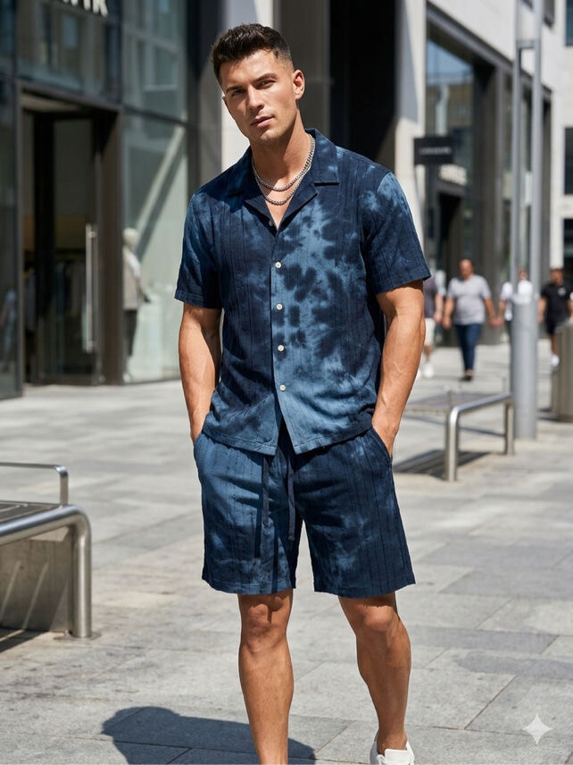 Wholesaler Mentex Homme - Short-sleeve shirt and shorts set in washed-effect linen and cotton