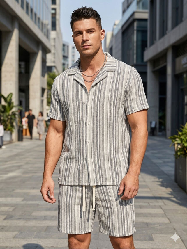 Grossiste Mentex Homme - Ensemble uni homme uni à rayures chemisette et short