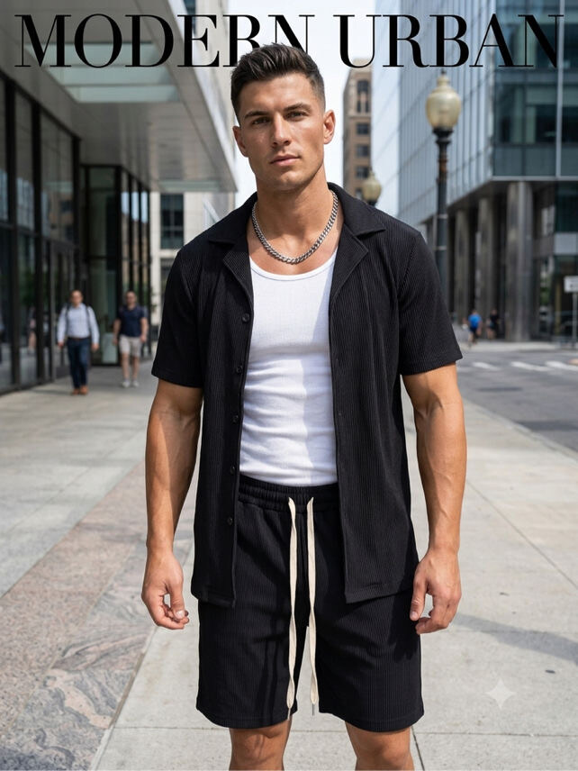 Grossiste Mentex Homme - Ensemble uni homme chemisettes et short texturé et léger