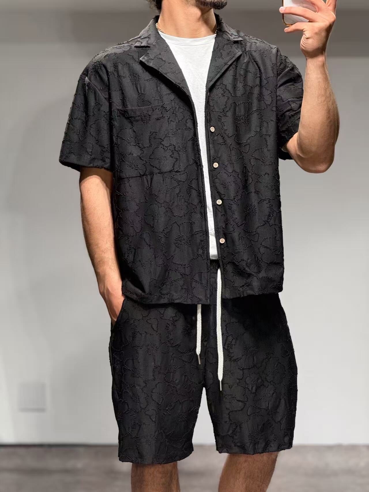 Wholesaler Mentex Homme - Men's solid set with button-up shirt and floral drawstring shorts