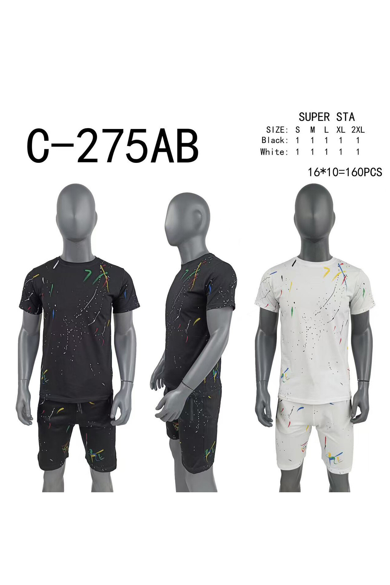 Grossiste Mentex Homme - ENSEMBLE HOMME T-SHIRT ET SHORT EFFET TACHE PEINTURE