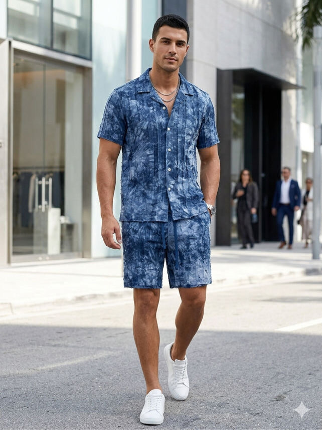 Wholesaler Mentex Homme - Short-sleeve shirt and shorts set in washed-effect linen and cotton