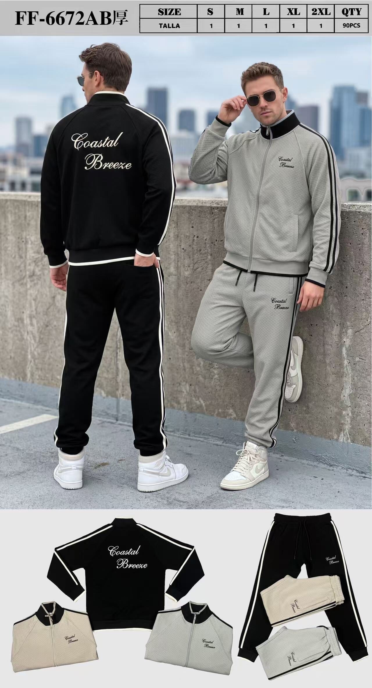Großhändler Mentex Homme - Schlichtes Herrenset mit Reißverschluss, Seitentaschen, Enge an Handgelenken und Knöcheln, CASUAL BREEZE Schrift auf der Rückseite