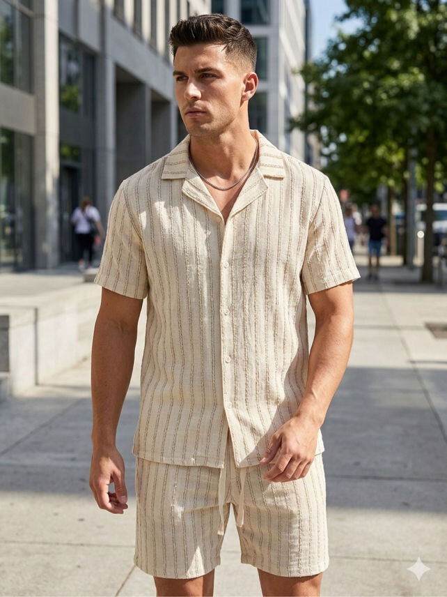 Grossiste Mentex Homme - Ensemble uni homme uni à rayures chemisette et short