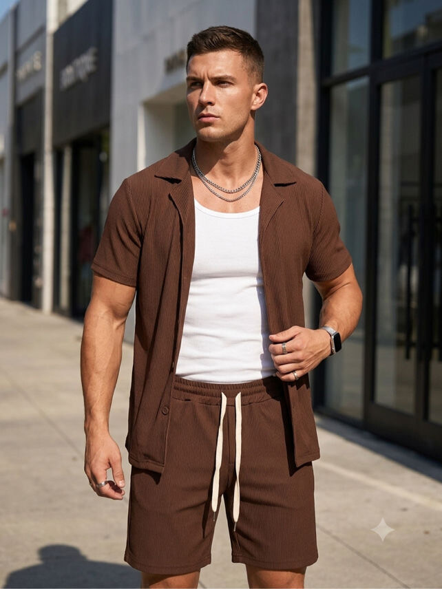Grossiste Mentex Homme - Ensemble uni homme chemisettes et short texturé et léger