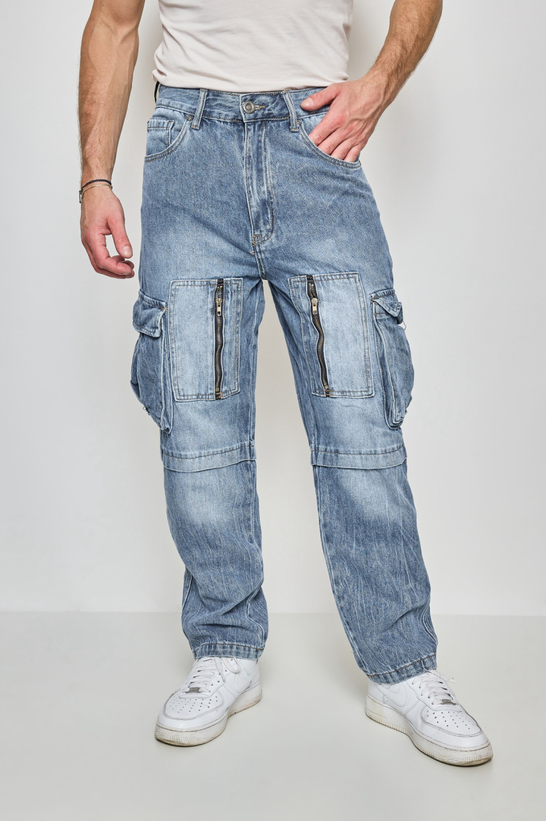 Grossiste Mentex Homme - Jean à jambes larges homme style cargo effet délavé