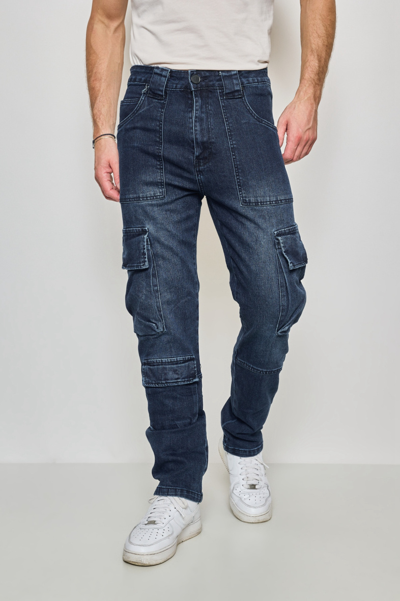 Grossista Mentex Homme - Pantaloni cargo da uomo in cotone con effetto lavato blu e multi-tasche