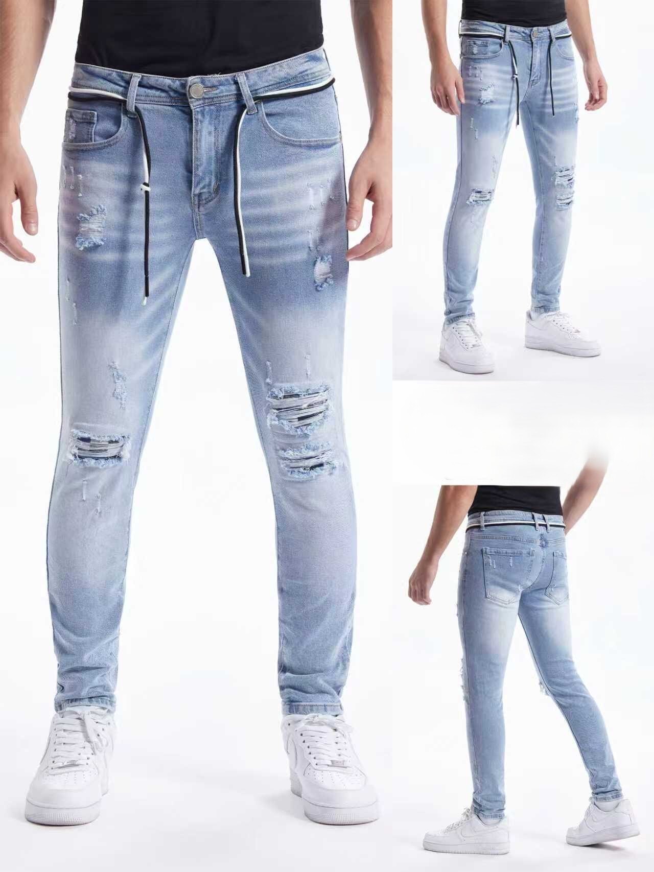 Großhändler Mentex Homme - Männer schlichte blaue Jeans mit Taschen und aufgerissenen Knien, SKINNY FIT