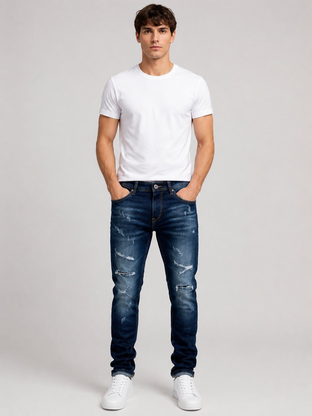 Grossista Mentex Homme - Jeans Slim Blu Scuro Strappati