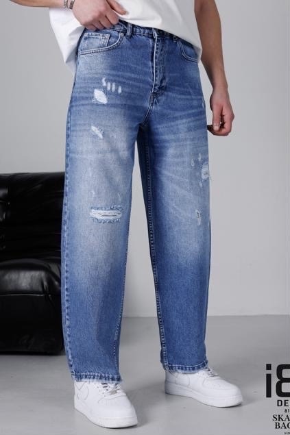 Grossista Mentex Homme - Jeans baggy blu da uomo con strappi lavorati sul davanti e effetto scolorito