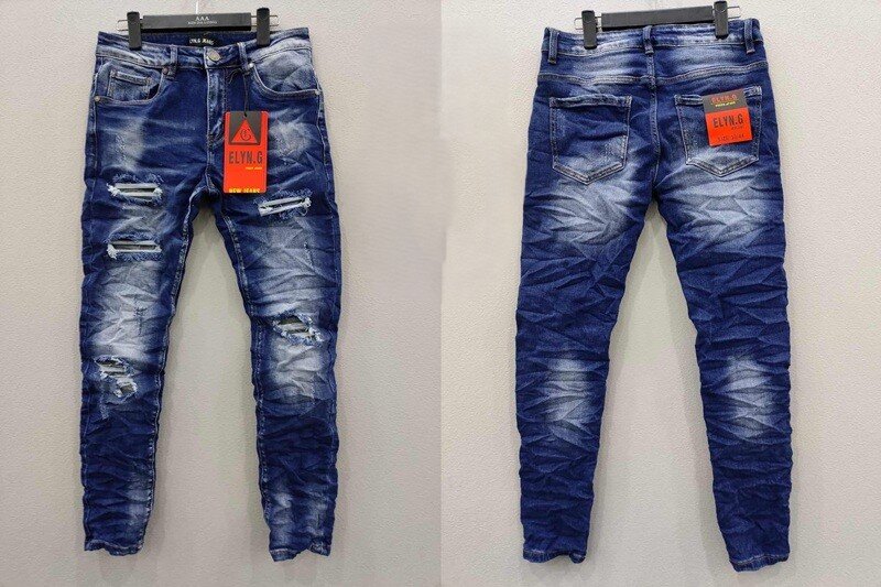 Wholesaler Mentex Homme - Men's solid blue ripped slim fit jeans (2*28, 3*30, 3*32, 2*34, 1*36, 1*38)