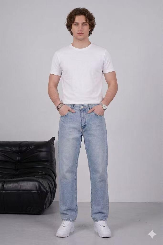 Grossista Mentex Homme - Jeans da uomo blu a gamba larga con semplice effetto scolorito