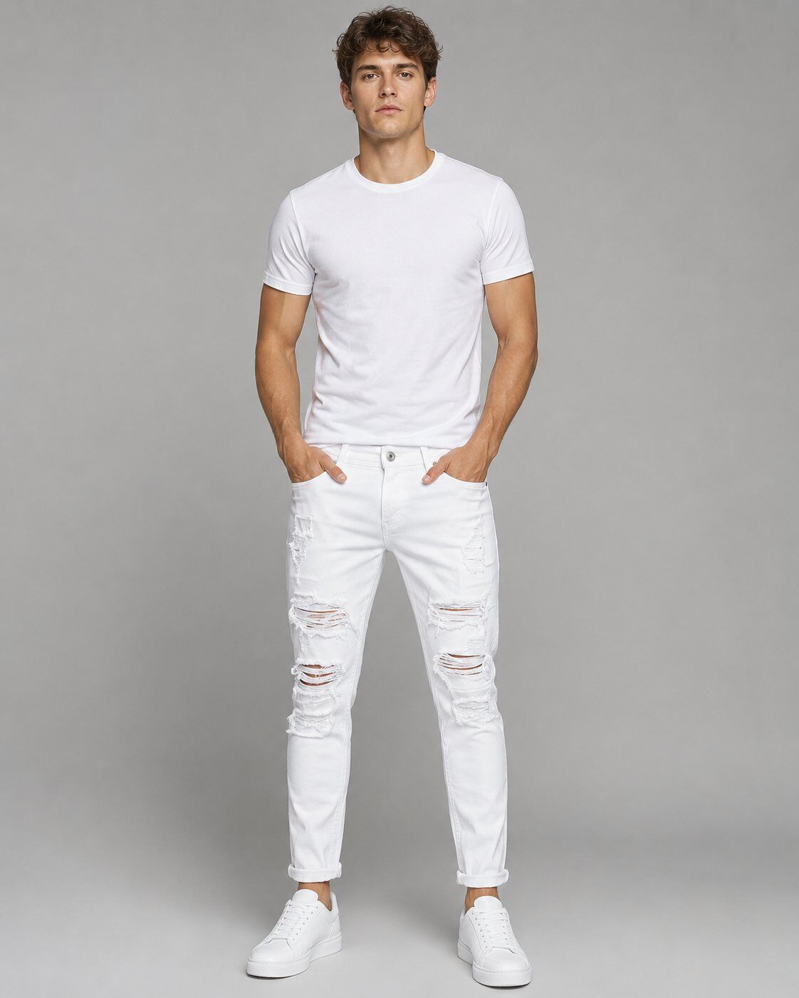Grossista Mentex Homme - Jeans Slim Bianchi Strappati