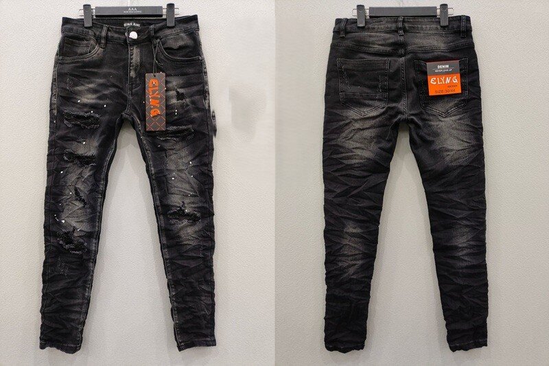 Wholesaler Mentex Homme - Men's solid black ripped and speckled slim fit jeans (2*28,3*30,3*32,2*34,1*36,1*38)