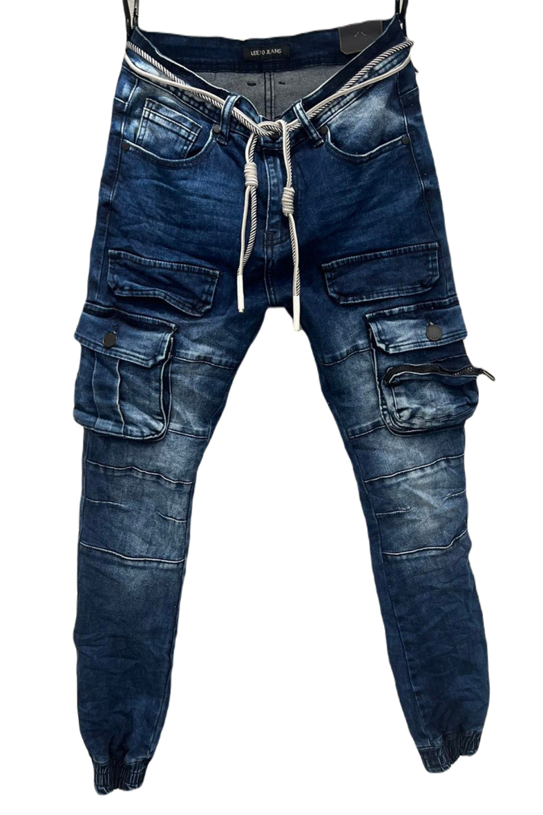 Grossiste Mentex Homme - Jeans homme slim bleu style cargo effet délavé