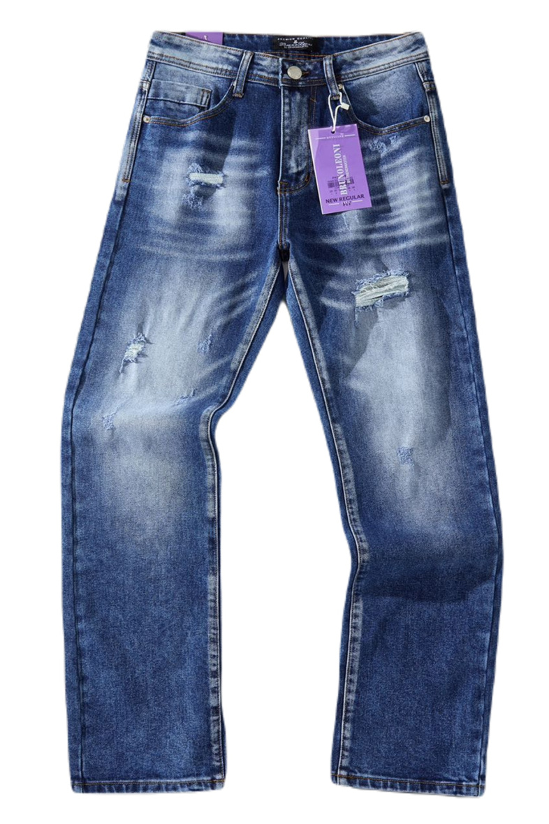 Wholesaler Mentex Homme - Men's blue straight jeans with worn faded effect