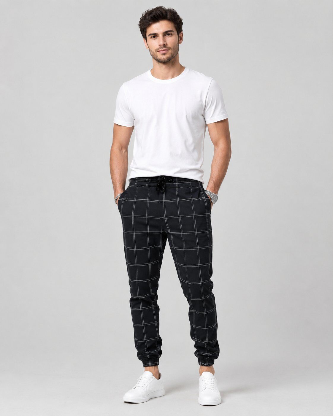 Grossista Mentex Homme - Pantaloni Neri a Quadri Affusolati