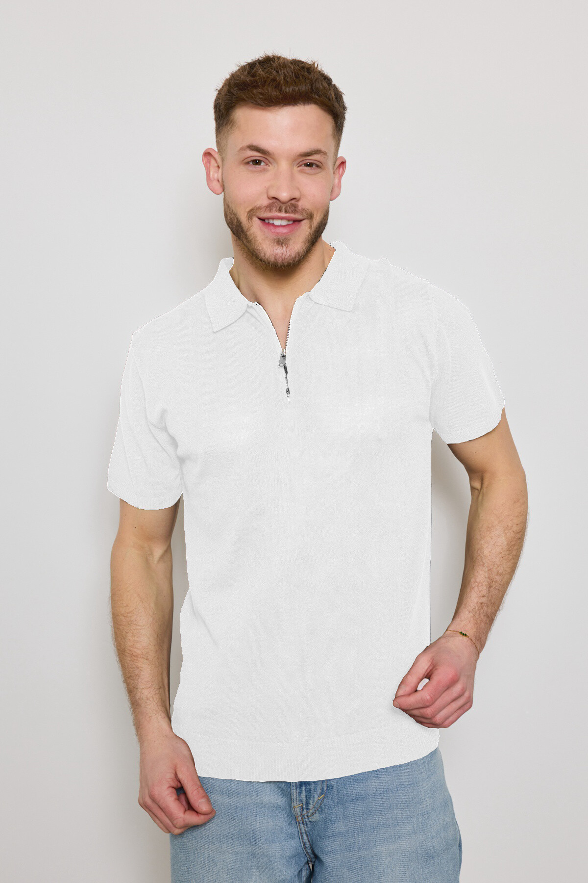 Großhändler Mentex Homme - Einfarbiges Herrenpolo mit halbtransparentem Reißverschlusskragen
