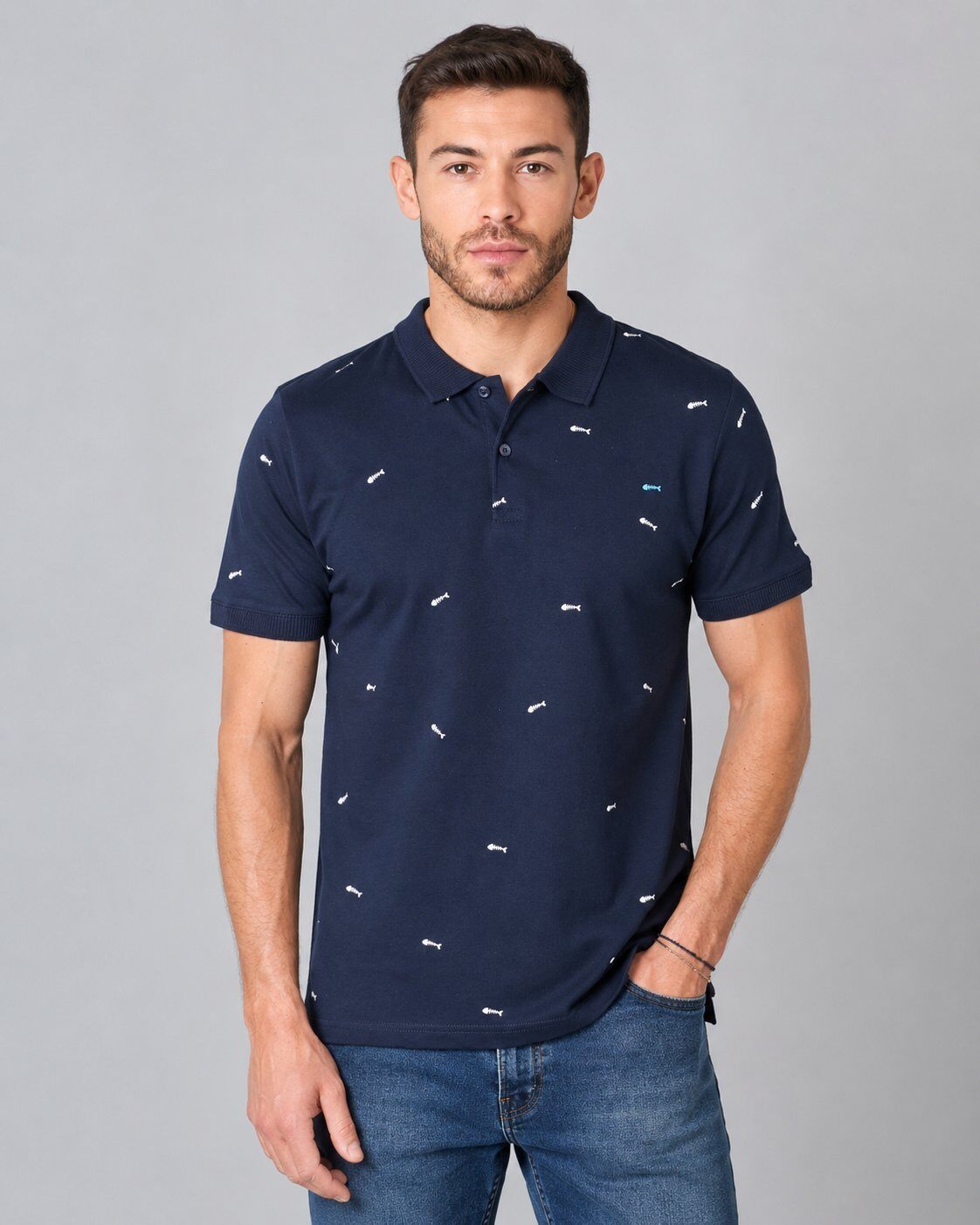 Grossista Mentex Homme - Polo Blu Marino con Motivo a Pesci