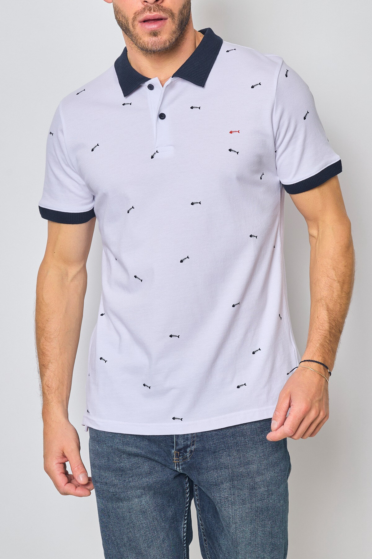 Wholesaler Mentex Homme - Men's White Polo with Subtle Patterns and Contrasting Collar