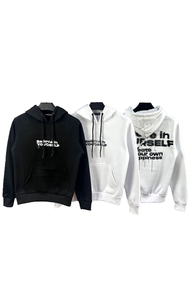 Grossiste Mentex Homme - Sweat uni à capuche homme motif "BELIEVE IN YOURSELF"