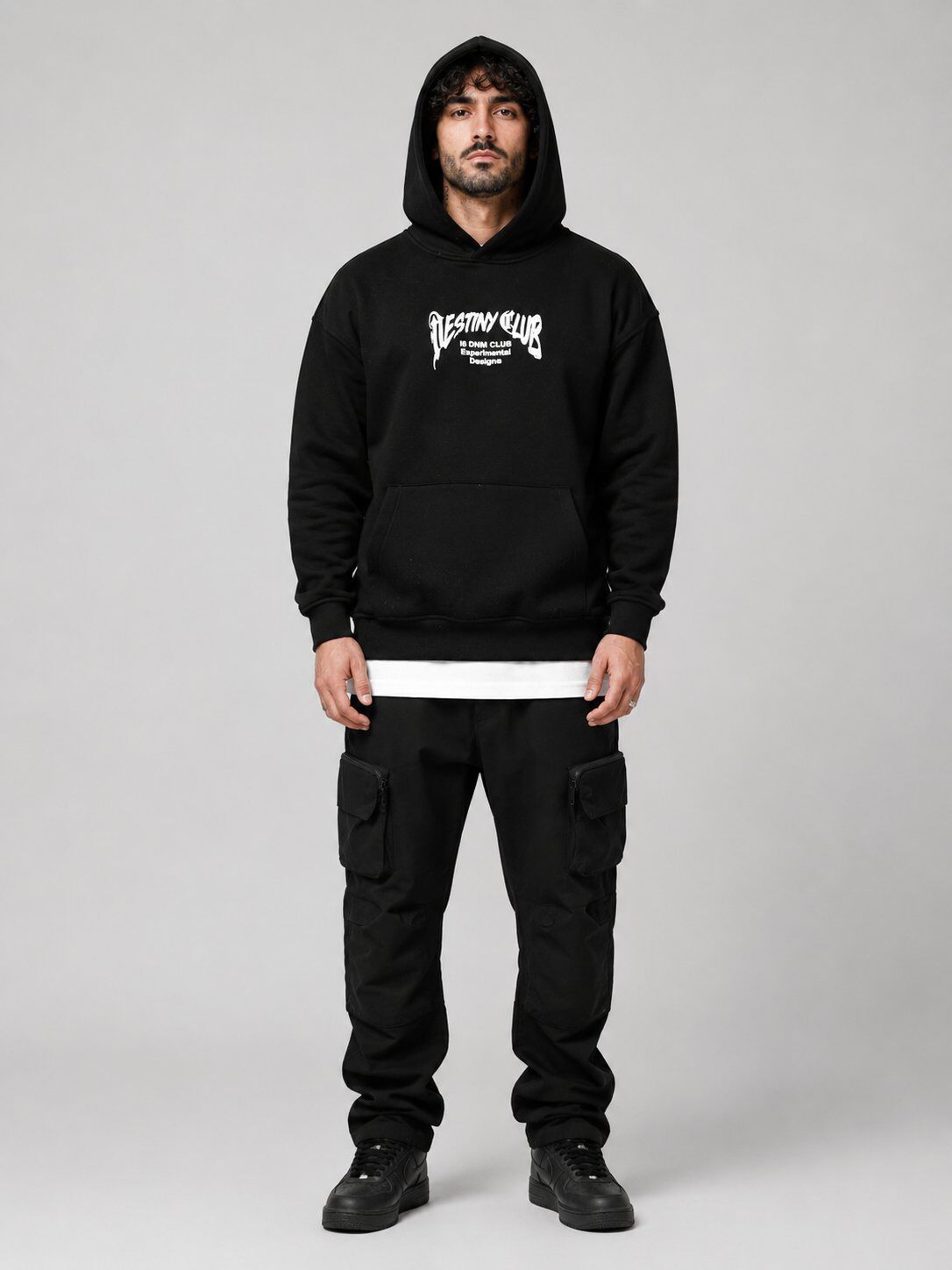 Grossista Mentex Homme - Felpa con Cappuccio Nera a Stampa Completa