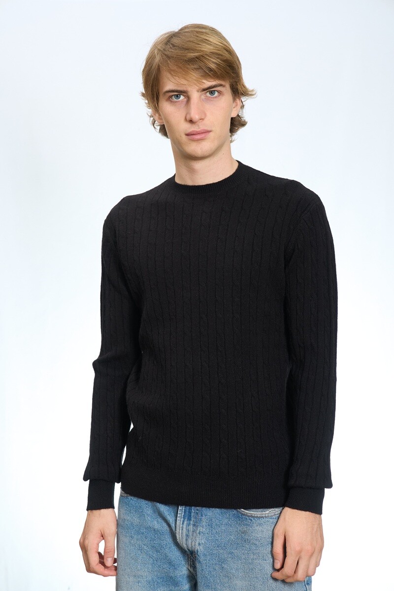 Grossiste Mentex Homme - Pull uni maille homme col rond, à motif torsadé et manches longues