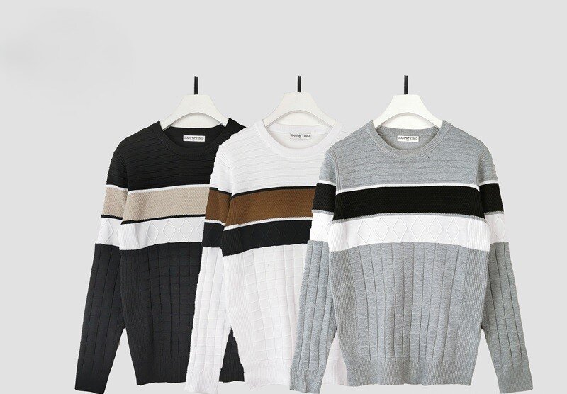 Wholesaler Mentex Homme - Men's solid round neck sweater with stripe pattern, BLACK, WHITE, GREY (3*M, 3*L, 3*XL, 3*XXL)