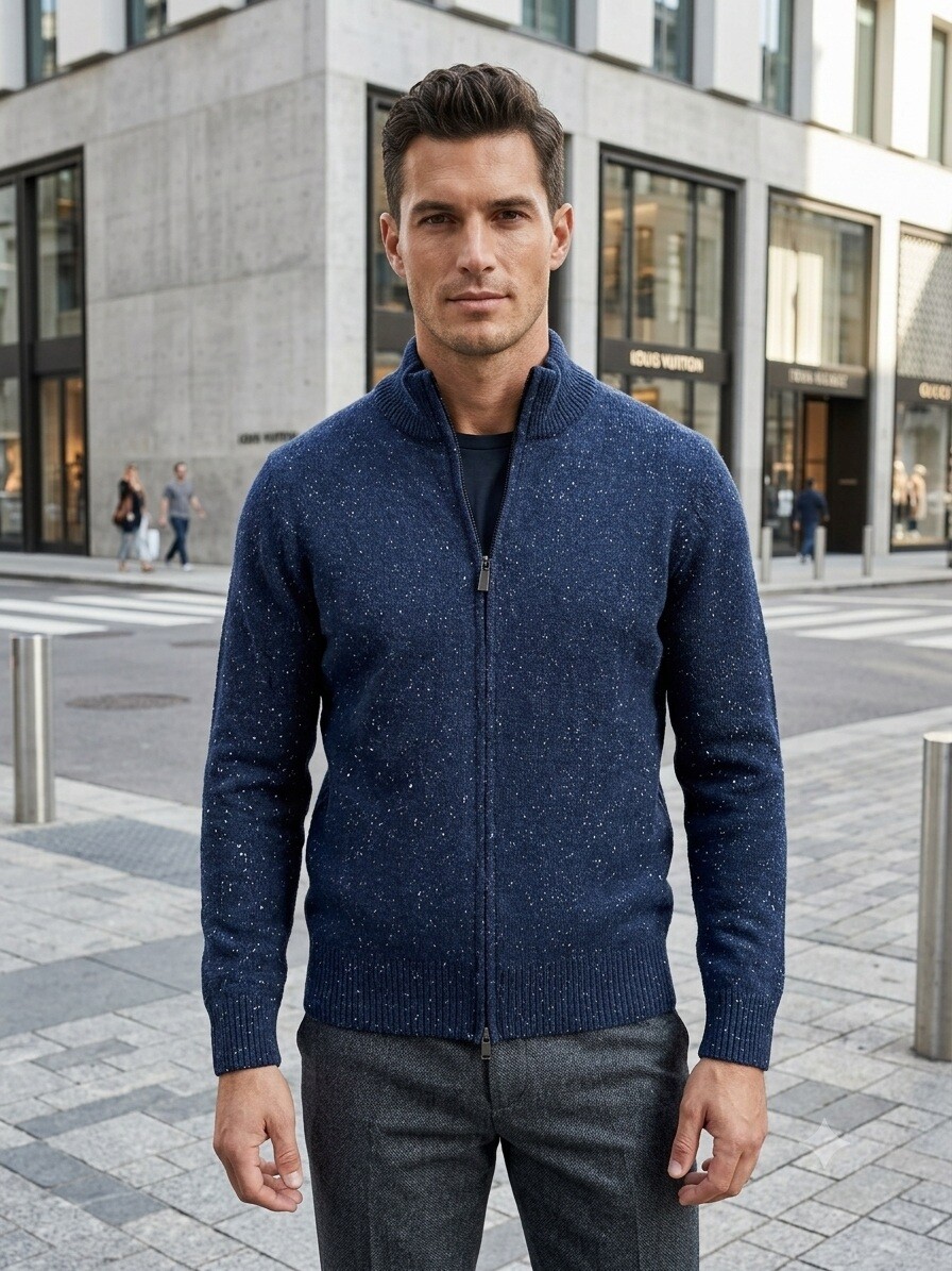 Grossiste Mentex Homme - Pull uni maille homme col montant manche longues à zip, design point blanc