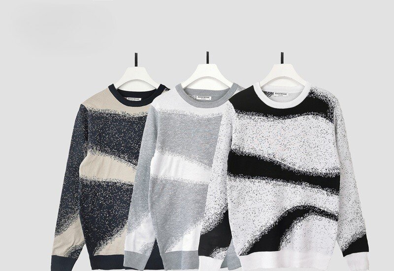 Wholesaler Mentex Homme - Men's plain round neck sweater with pattern, BLACK, WHITE, GREY (3*M, 3*L, 3*XL, 3*XXL)