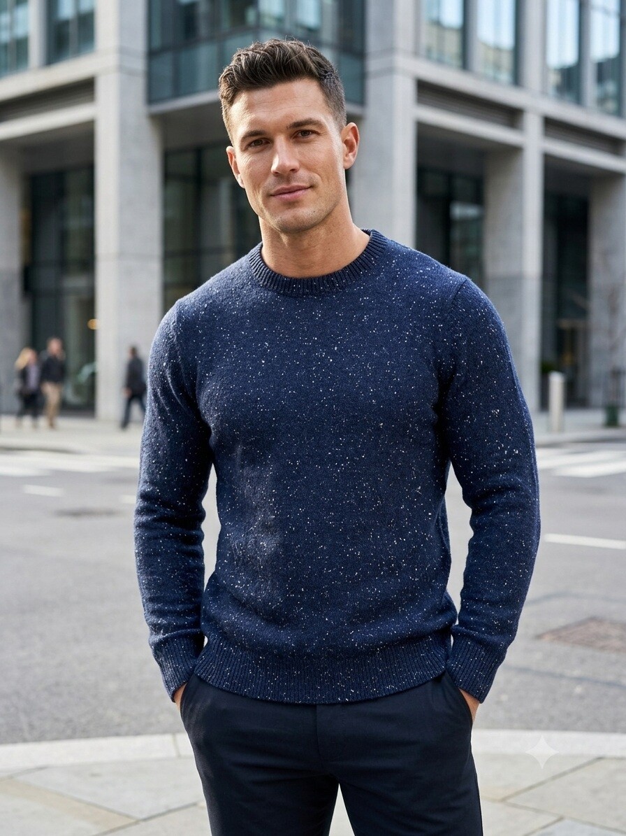 Grossiste Mentex Homme - Pull uni maille homme col rond manche longues, design point blanc