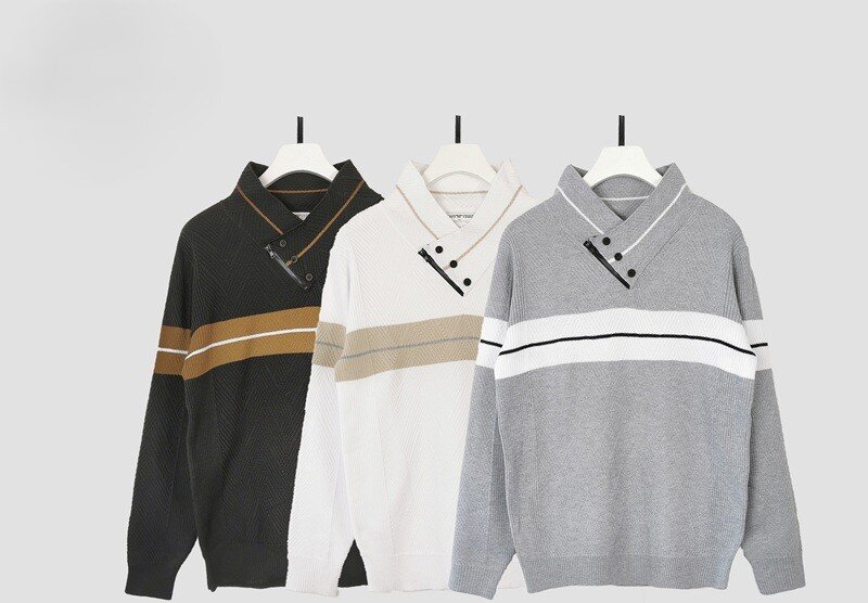 Wholesaler Mentex Homme - Men's striped sweater with buttoned crossover collar, BLACK, WHITE, GREY (3*M, 3*L, 3*XL, 3*XXL)